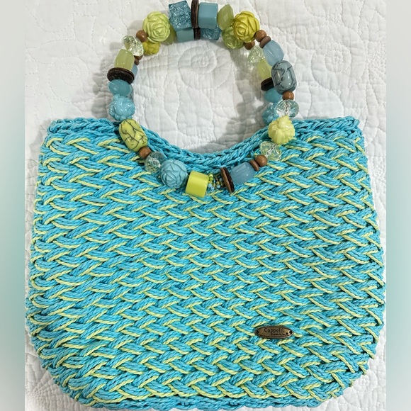 Capelli of New York Turquoise and yellow woven handbag Tote beaded handle - Picture 1 of 7